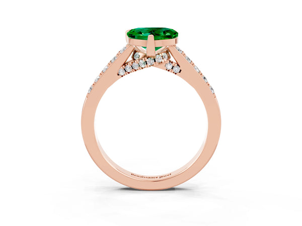 Rose gold Heart Cut Emerald Solitaire Ring with Crossover Gallery and Round  Pavé Band