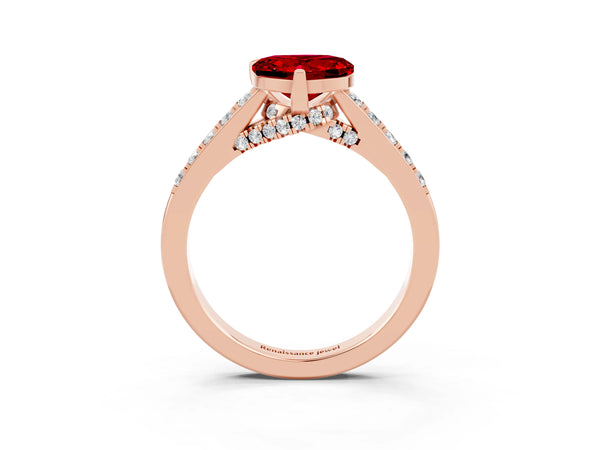 Rose gold Heart Cut Ruby Solitaire Ring with Crossover Gallery and Round  Pavé Band