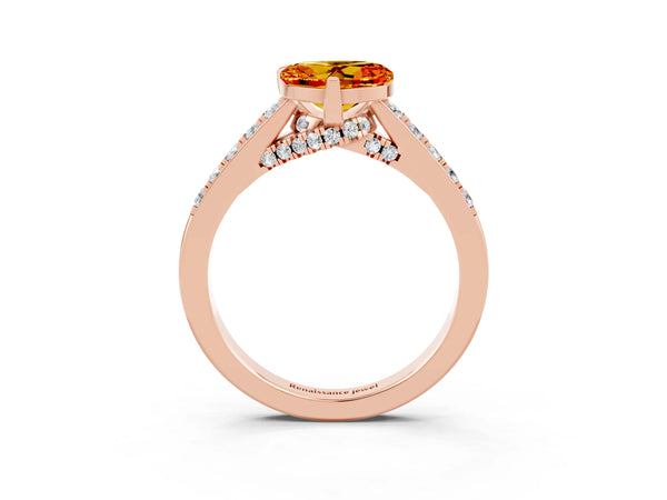Rose gold Heart Cut Citrine Solitaire Ring with Crossover Gallery and Round  Pavé Band