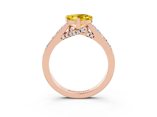 Rose gold Heart Cut Yellow Sapphire Solitaire Ring with Crossover Gallery and Round  Pavé Band