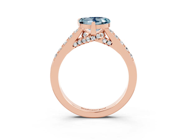 Rose gold Heart Cut Aquamarine Solitaire Ring with Crossover Gallery and Round  Pavé Band