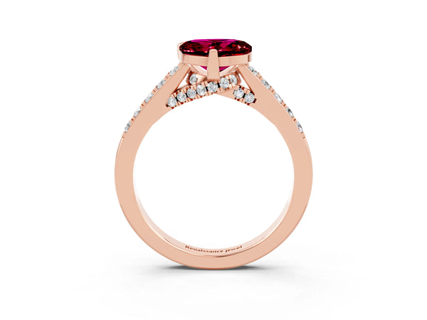 Rose gold Heart Cut Garnet Solitaire Ring with Crossover Gallery and Round  Pavé Band