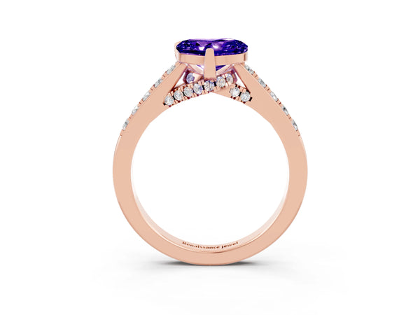 Rose gold Heart Cut Tanzanite Solitaire Ring with Crossover Gallery and Round  Pavé Band
