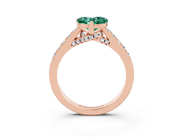 Rose gold Heart Cut Green Sapphire Solitaire Ring with Crossover Gallery and Round  Pavé Band