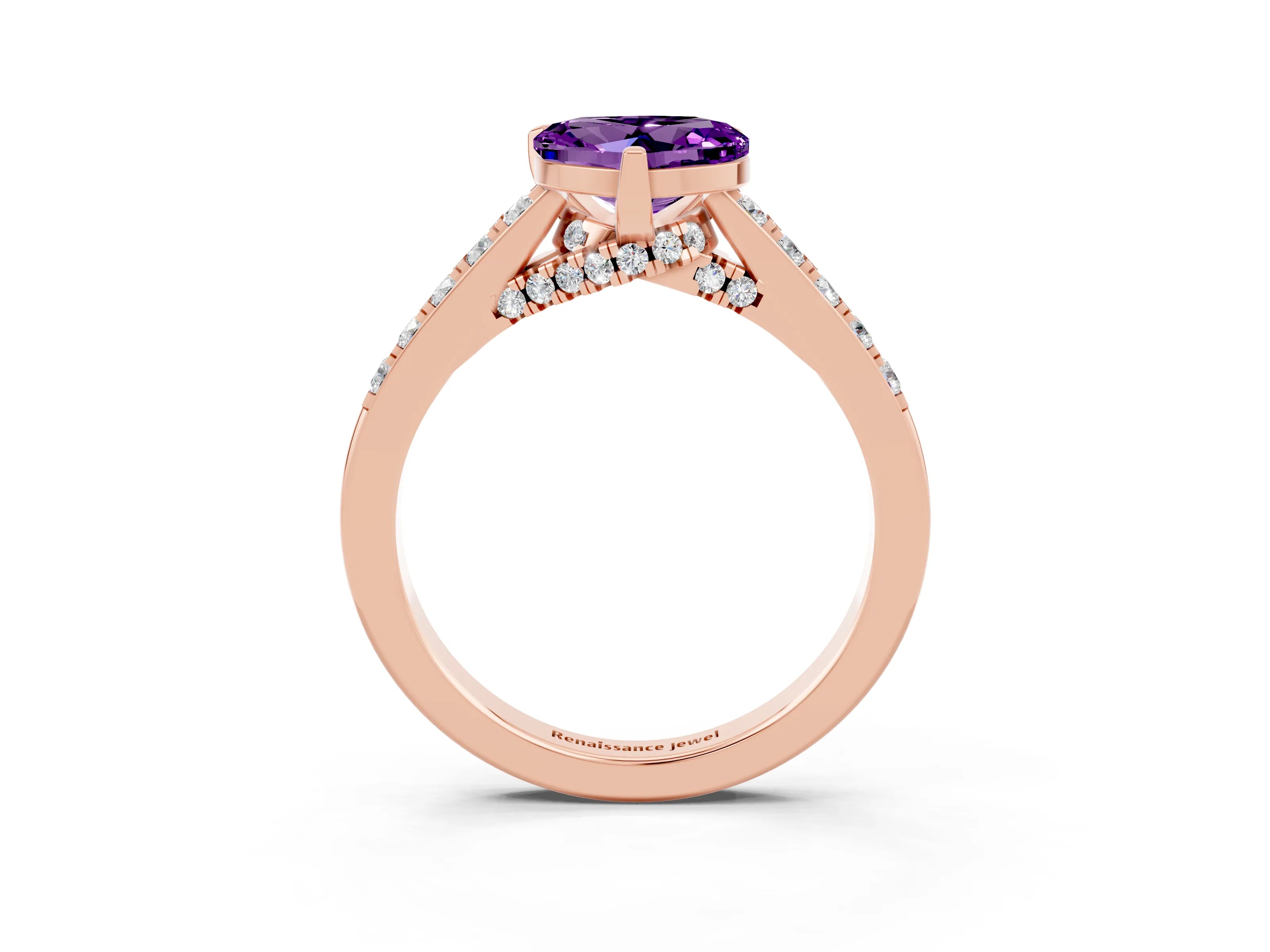 Rose gold Heart Cut Diamond Solitaire Ring with Pavé Band and Prong Setting_3