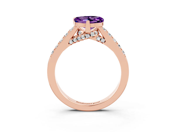 Rose gold Heart Cut Amethyst Solitaire Ring with Crossover Gallery and Round  Pavé Band