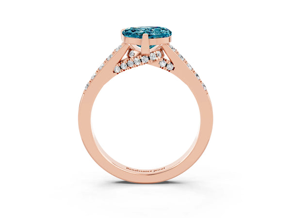 Rose gold Heart Cut Blue Topaz Solitaire Ring with Crossover Gallery and Round  Pavé Band