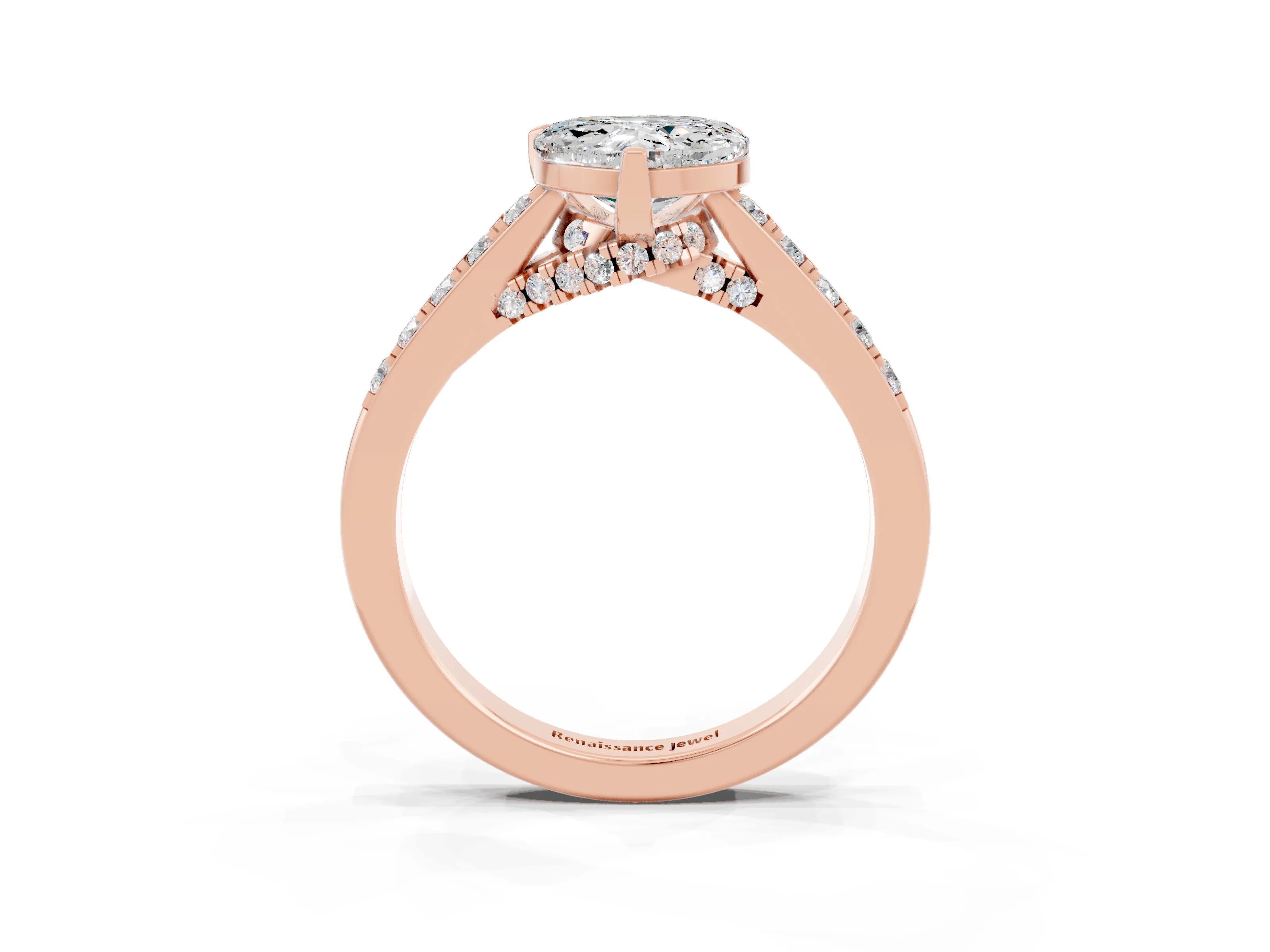 Rose gold Heart Cut Diamond Solitaire Ring with Pavé Band and Prong Setting_3