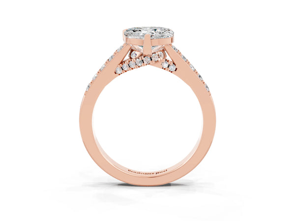 Rose gold Heart Cut Moissanite Solitaire Ring with Crossover Gallery and Round  Pavé Band