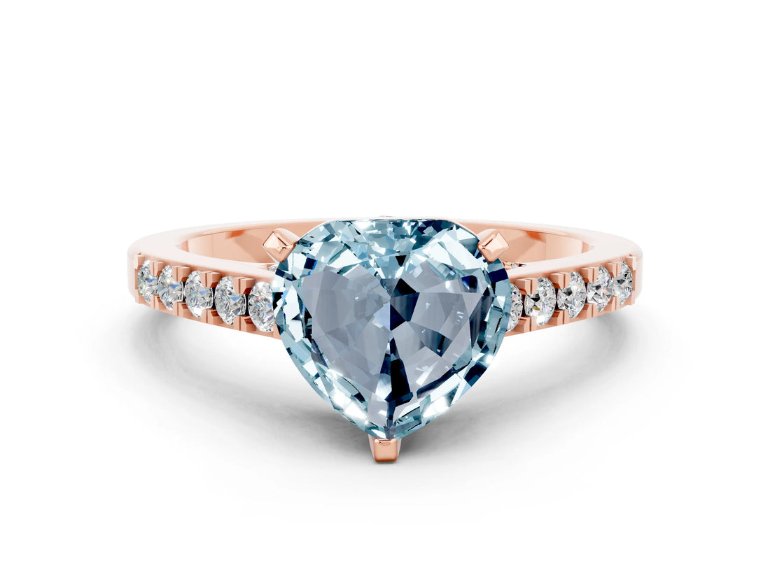 Rose gold Heart Cut Diamond Solitaire Ring with Pavé Band and Prong Setting