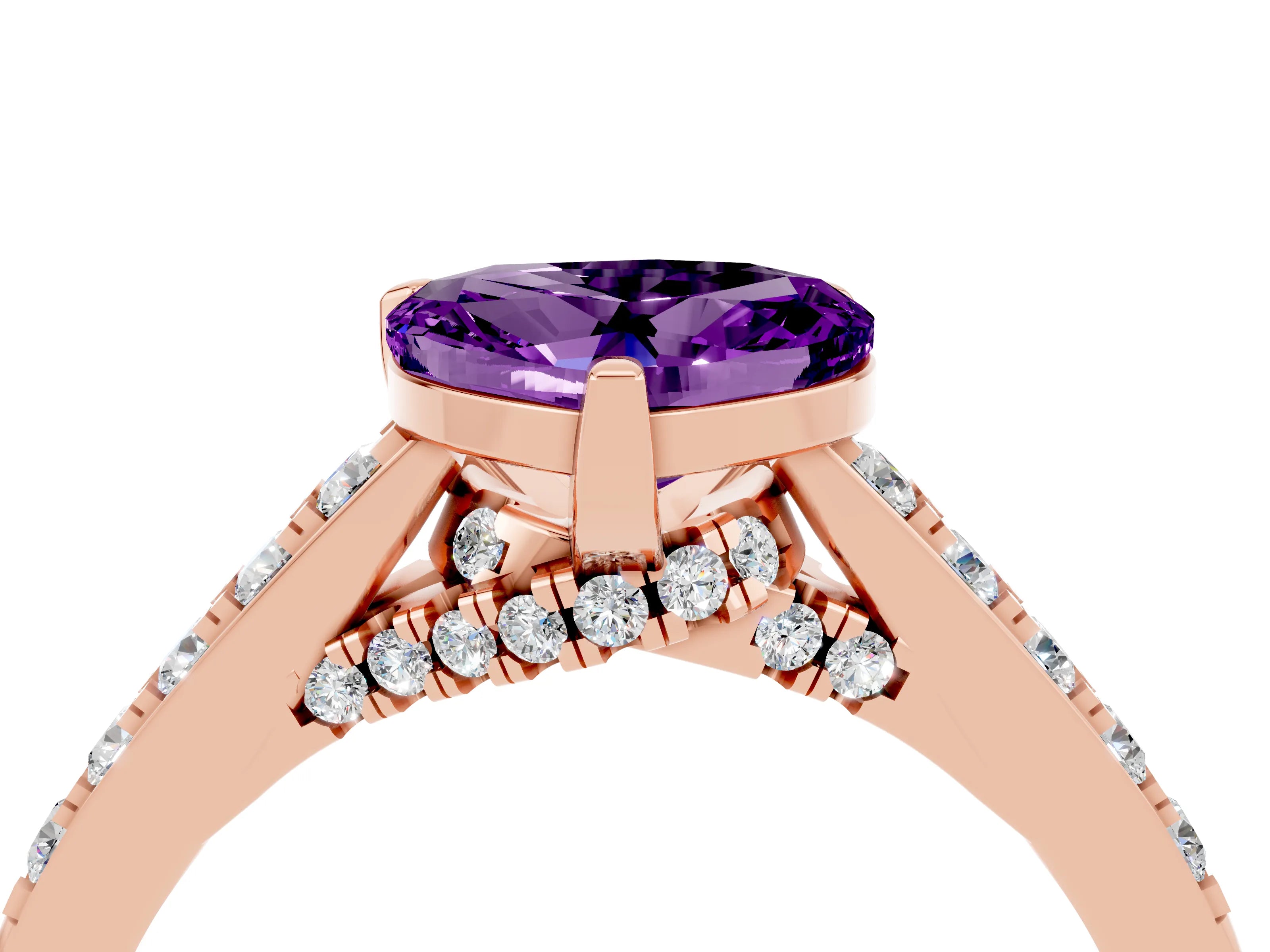 Rose gold Heart Cut Diamond Solitaire Ring with Pavé Band and Prong Setting_4