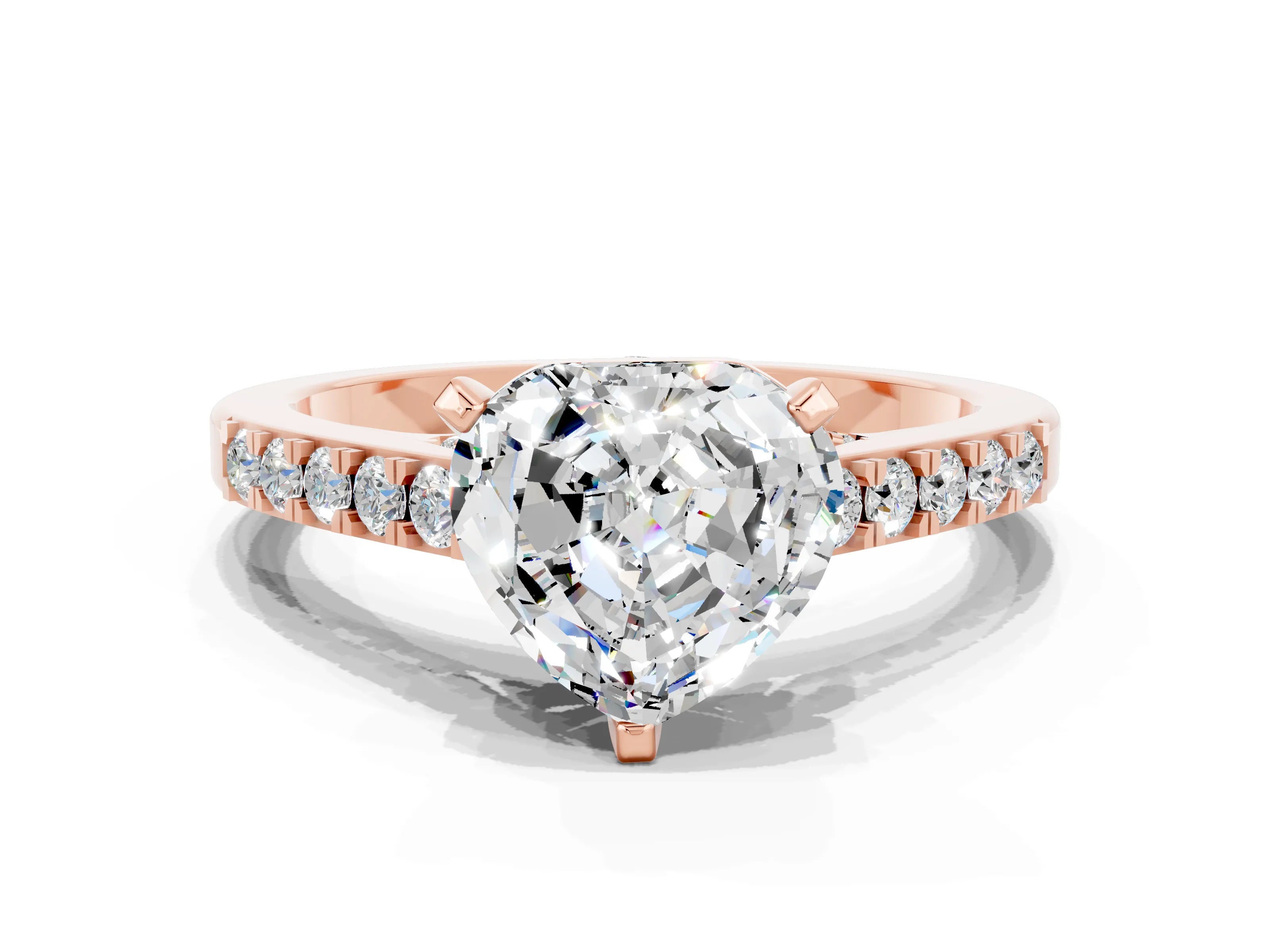 Rose gold Heart Cut Diamond Solitaire Ring with Pavé Band and Prong Setting