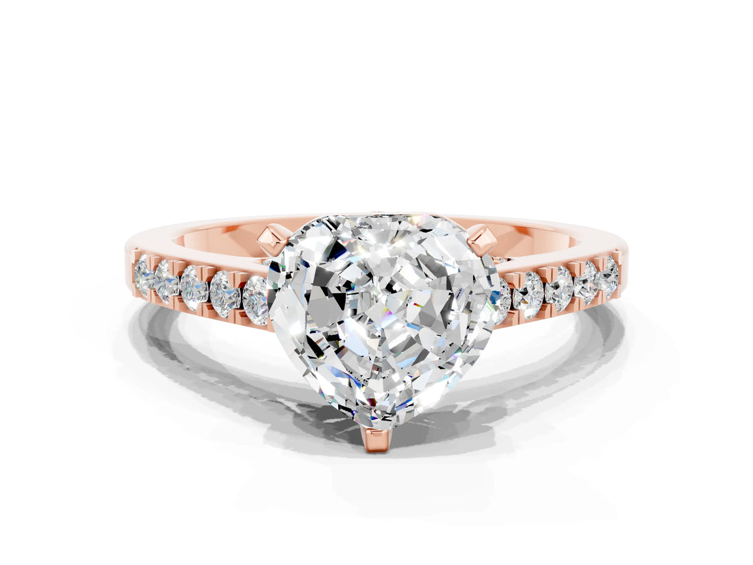 Rose gold Heart Cut Diamond Solitaire Ring with Pavé Band and Prong Setting