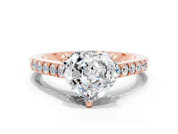 Rose gold Heart Cut Moissanite Solitaire Ring with Crossover Gallery and Round  Pavé Band