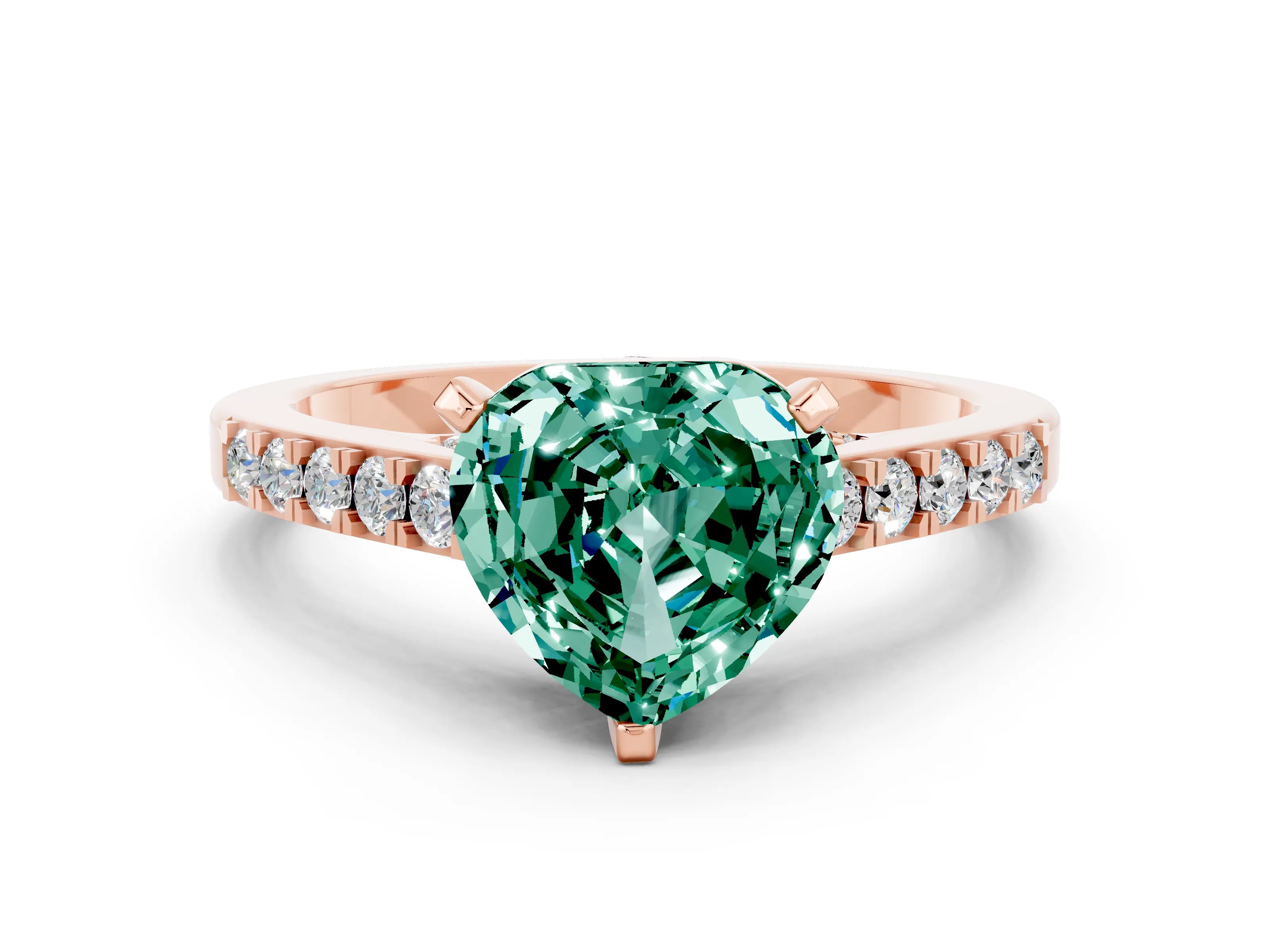 Rose gold Heart Cut Diamond Solitaire Ring with Pavé Band and Prong Setting