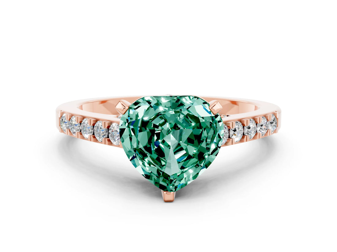 Rose gold Heart Cut Diamond Solitaire Ring with Pavé Band and Prong Setting