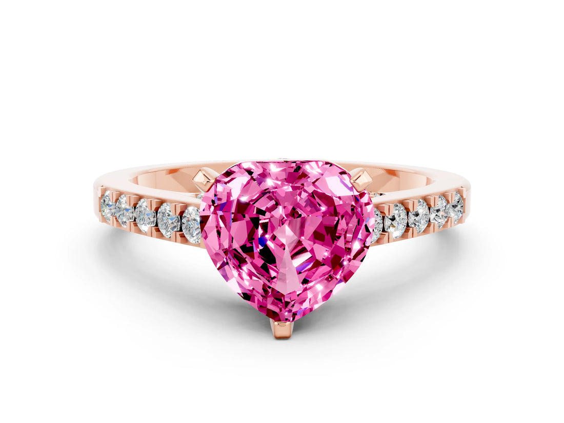 Rose gold Heart Cut Diamond Solitaire Ring with Pavé Band and Prong Setting