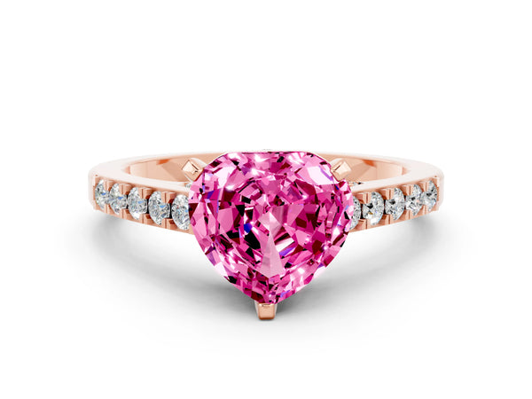 Rose gold Heart Cut Pink Sapphire Solitaire Ring with Crossover Gallery and Round  Pavé Band