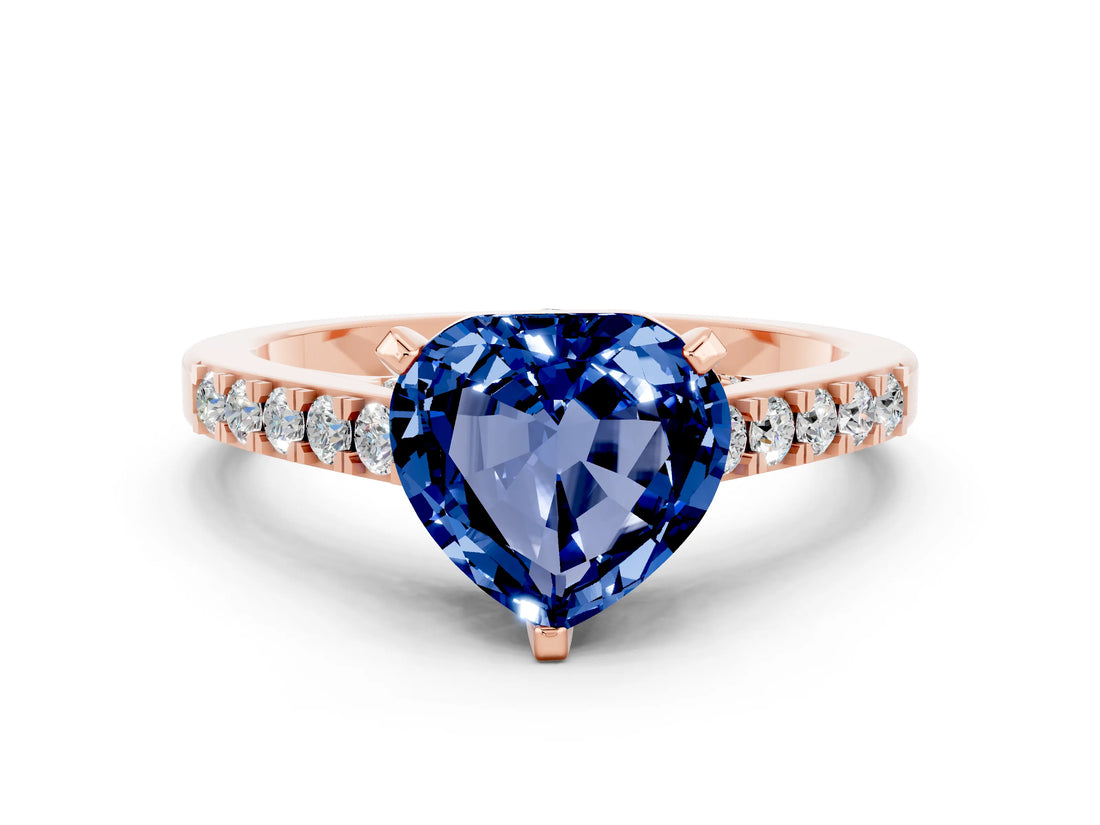 Rose gold Heart Cut Diamond Solitaire Ring with Pavé Band and Prong Setting
