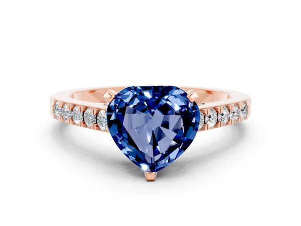 Rose gold Heart Cut Blue Sapphire Solitaire Ring with Crossover Gallery and Round  Pavé Band