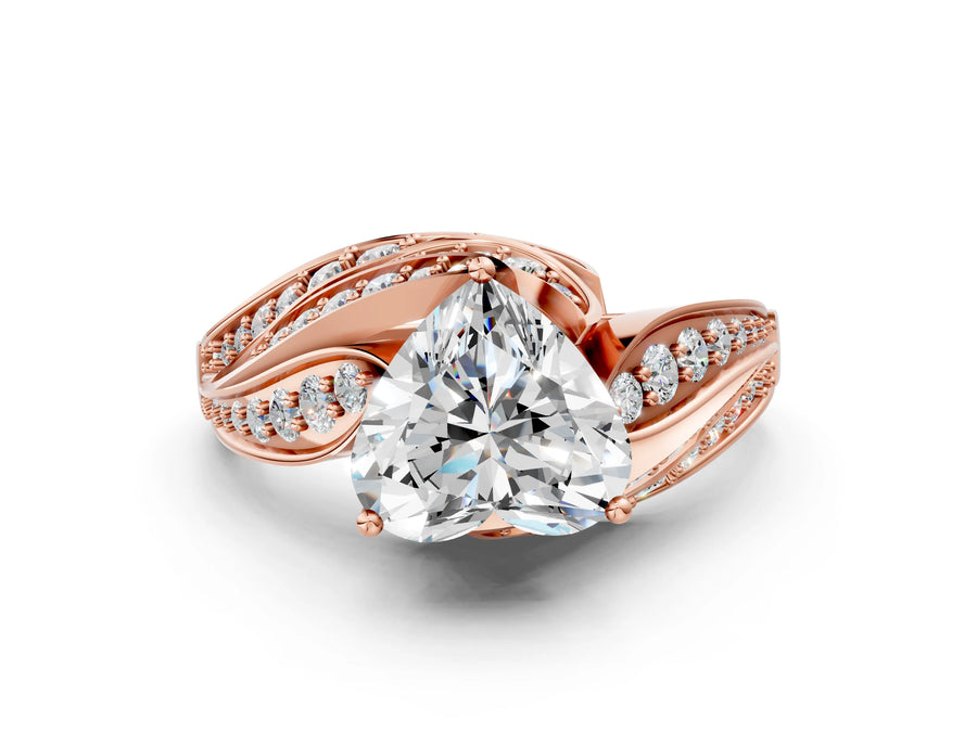 Rose gold Heart Cut Diamond Solitaire Ring with Prong Setting and Twisted Pavé Band