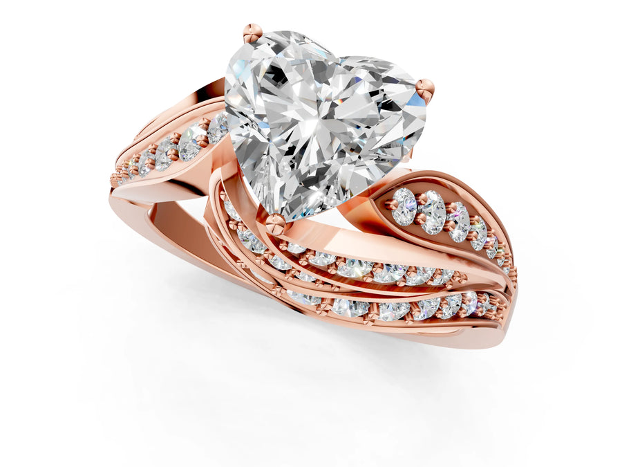 Rose gold Heart Cut Diamond Solitaire Ring with Prong Setting and Twisted Pavé Band