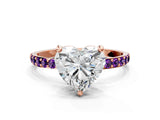 Rose gold Heart Cut Diamond Solitaire Ring with Round with Amethyst side stone Pavé Band and Prong Setting_12