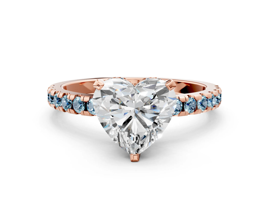 Rose gold Heart Cut Diamond Solitaire Ring with Round with Aquamarine side stone Pavé Band and Four-Prong Setting_36