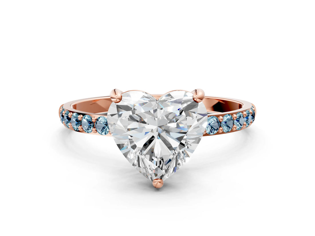 Rose gold Heart Cut Diamond Solitaire Ring with Round with Aquamarine side stone Pavé Band and Prong Setting_24