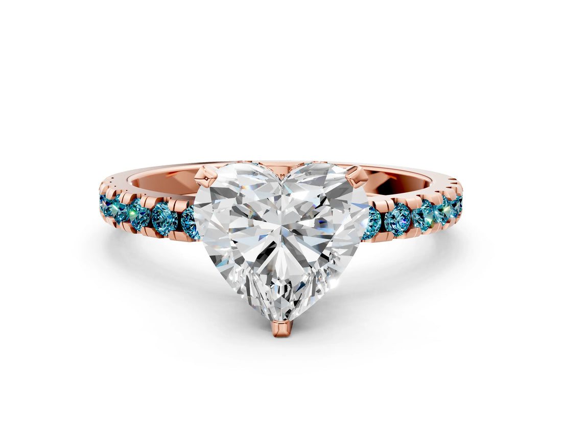 Rose gold Heart Cut Diamond Solitaire Ring with Round with Blue Topaz side stone Pavé Band and Four-Prong Setting_36