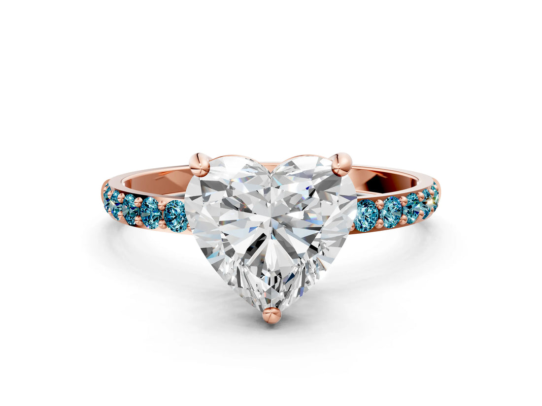 Rose gold Heart Cut Diamond Solitaire Ring with Round with Blue Topaz side stone Pavé Band and Prong Setting_12