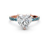 Rose gold Heart Cut Diamond Solitaire Ring with Round with Blue Topaz side stone Pavé Band and Prong Setting_12