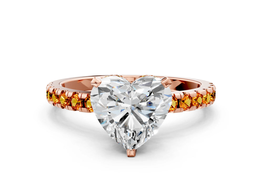 Rose gold Heart Cut Diamond Solitaire Ring with Round with Citrine side stone Pavé Band and Four-Prong Setting_36