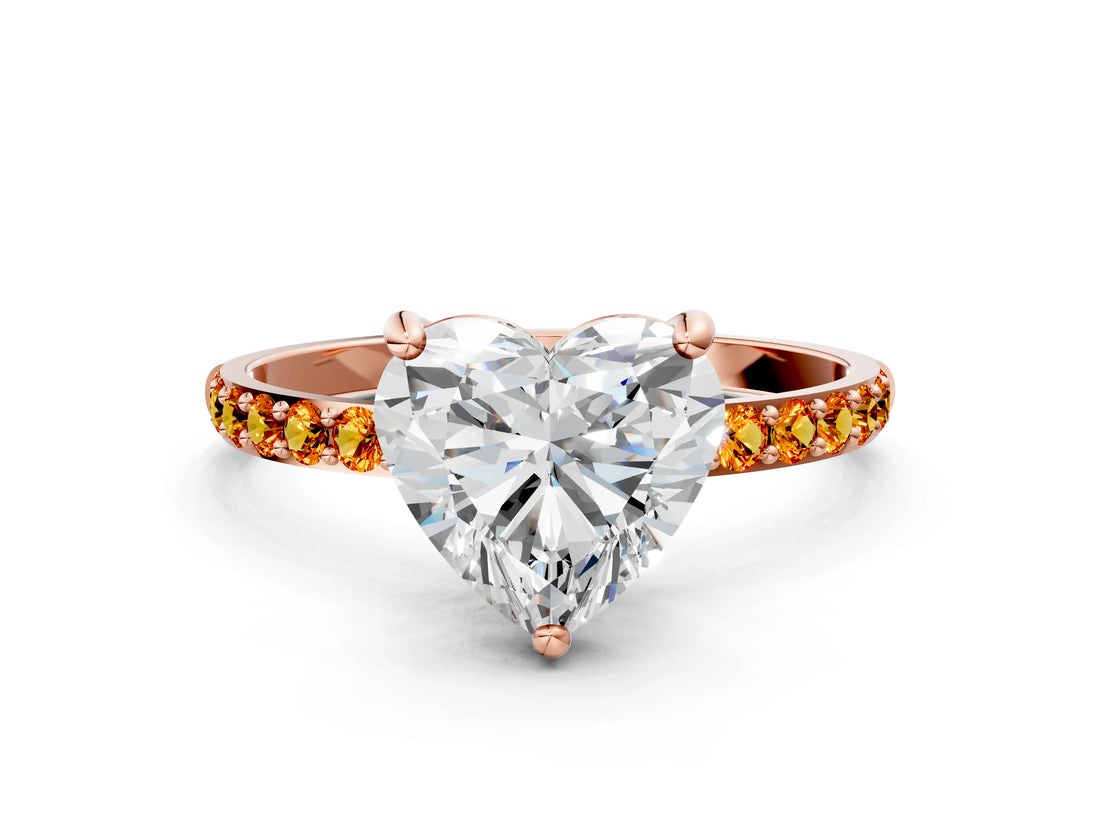 Rose gold Heart Cut Diamond Solitaire Ring with Round with Citrine side stone Pavé Band and Prong Setting_12