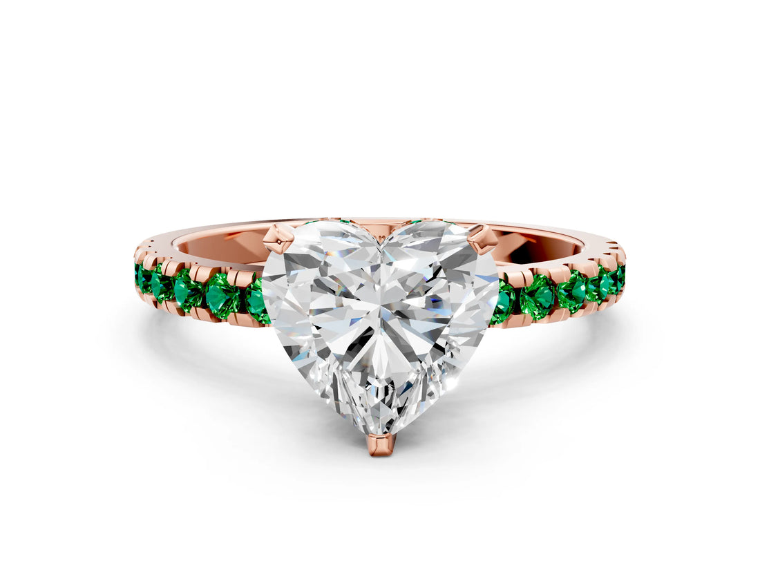 Rose gold Heart Cut Diamond Solitaire Ring with Round with Emerald side stone Pavé Band and Four-Prong Setting_36