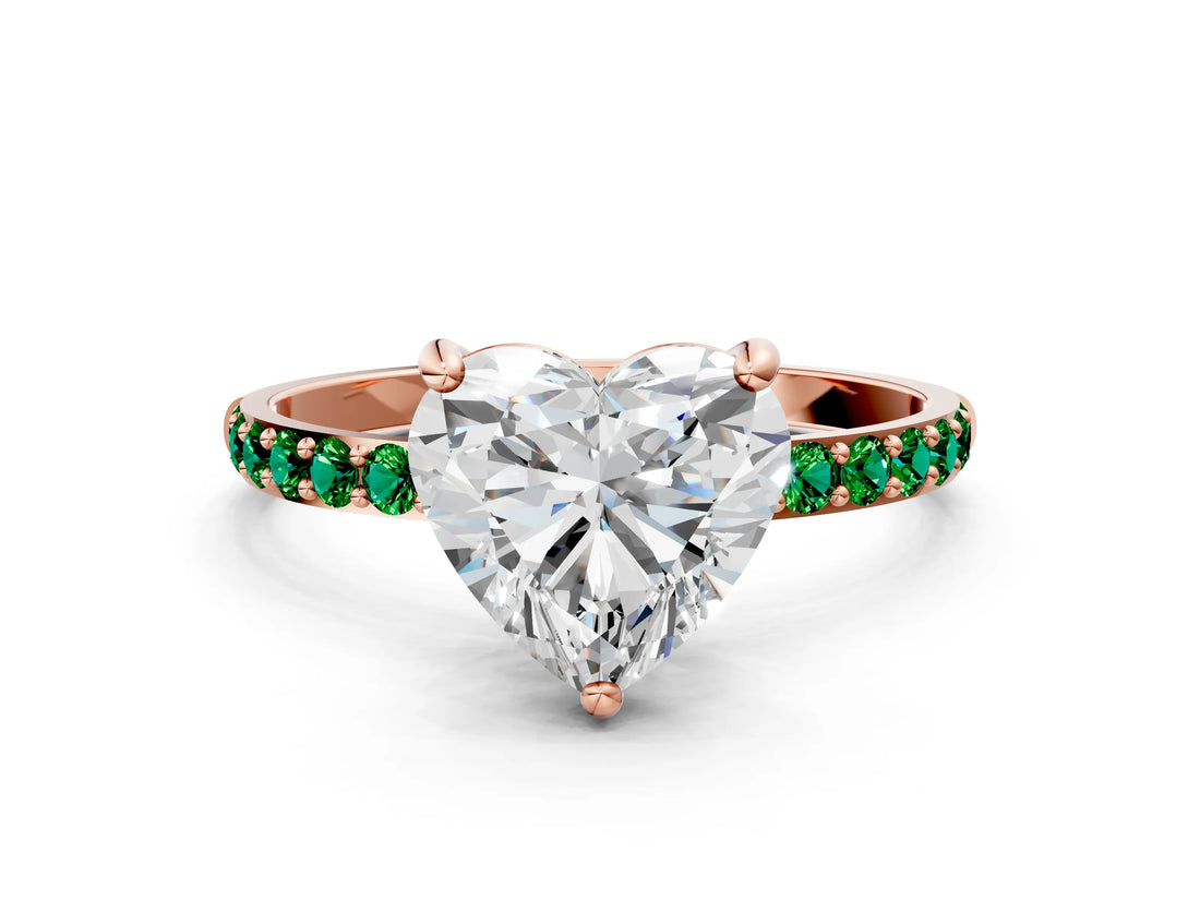 Rose gold Heart Cut Diamond Solitaire Ring with Round with Emerald side stone Pavé Band and Prong Setting_24