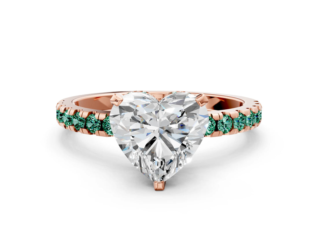 Rose gold Heart Cut Diamond Solitaire Ring with Round with Green Sapphire side stone Pavé Band and Four-Prong Setting_36