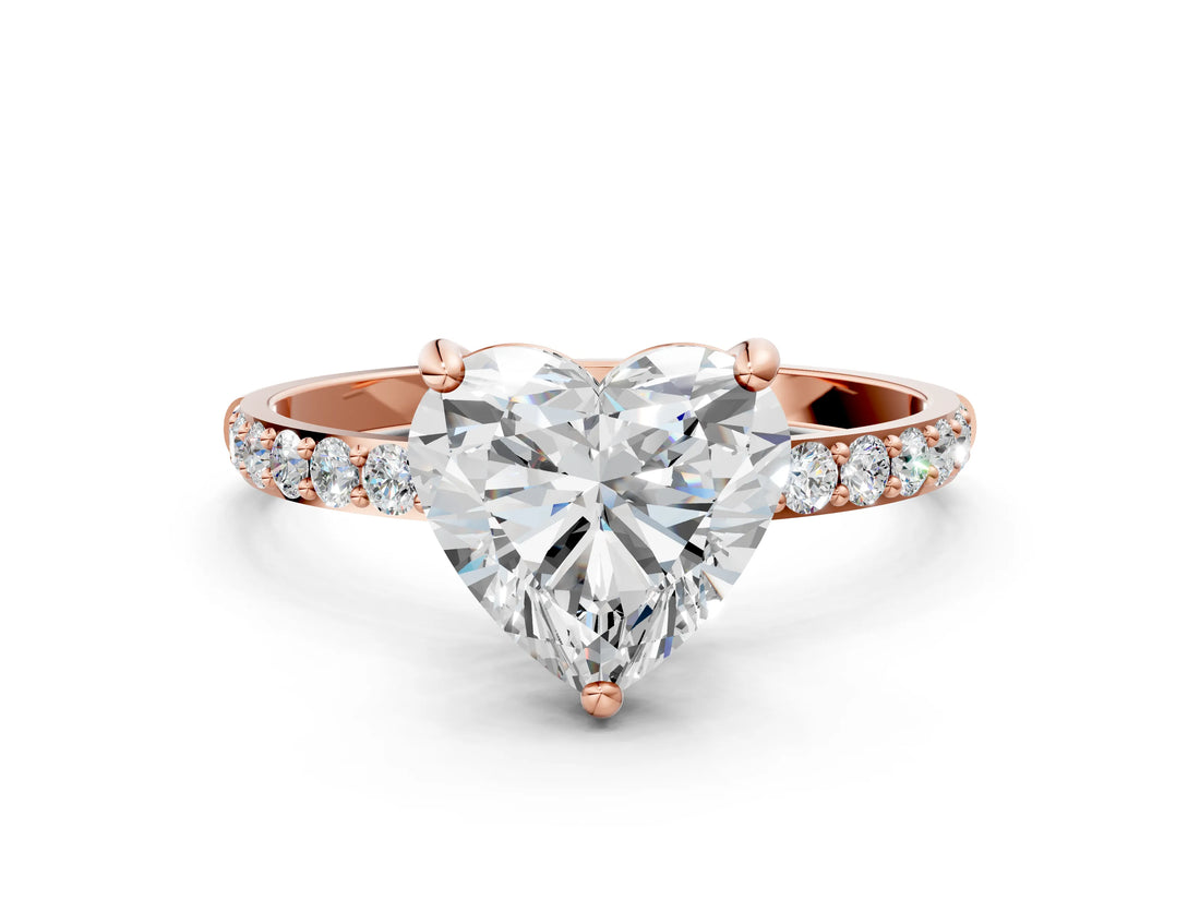 Rose gold Heart Cut Diamond Solitaire Ring with Round with Moissanite side stone Pavé Band and Prong Setting_12