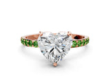 Rose gold Heart Cut Diamond Solitaire Ring with Round with Peridot side stone Pavé Band and Prong Setting