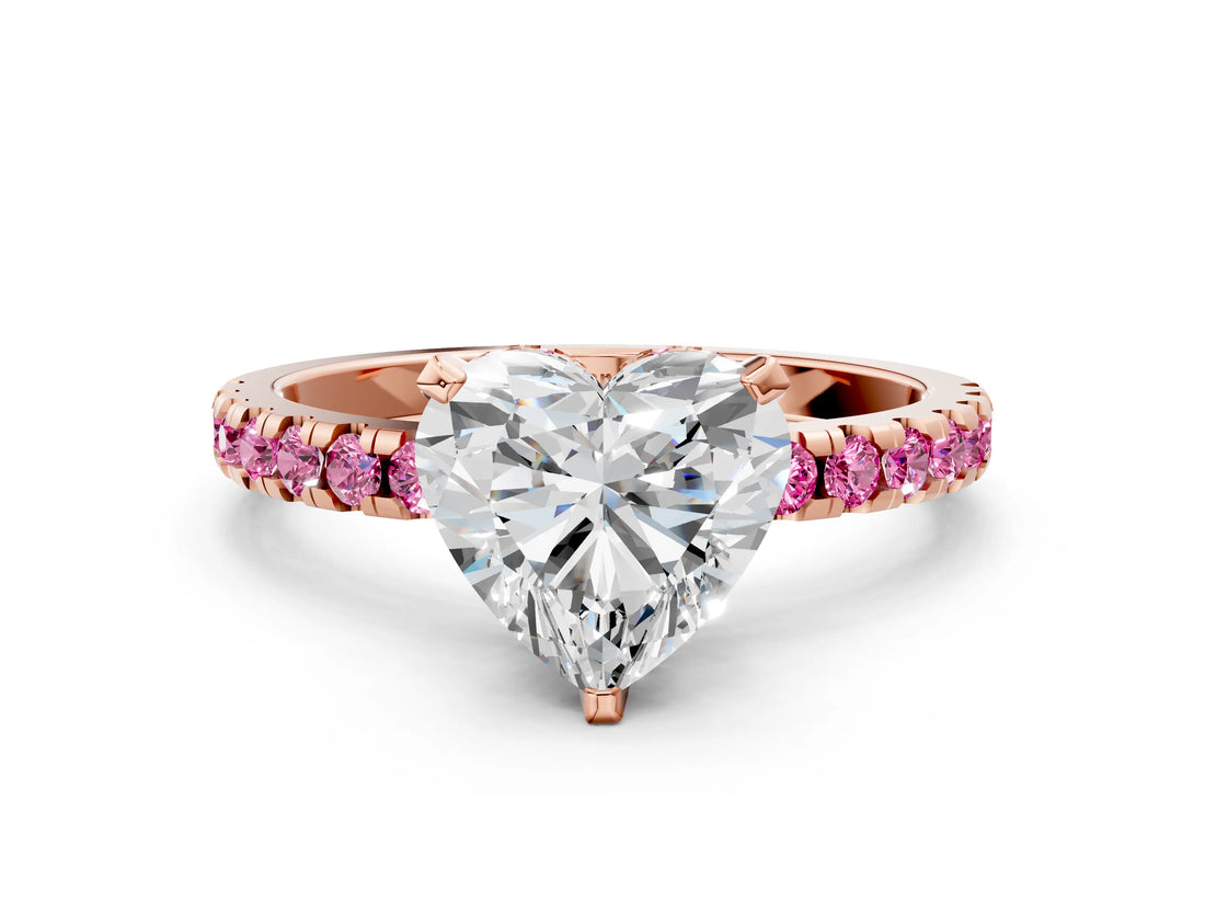 Rose gold Heart Cut Diamond Solitaire Ring with Round with Pink Sapphire side stone Pavé Band and Four-Prong Setting_36