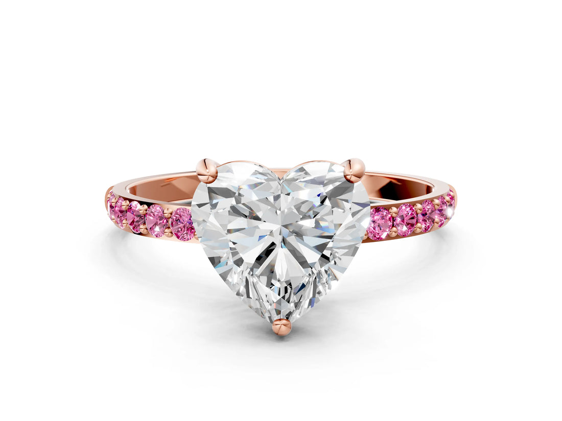 Rose gold Heart Cut Diamond Solitaire Ring with Round with Pink Sapphire side stone Pavé Band and Prong Setting_12