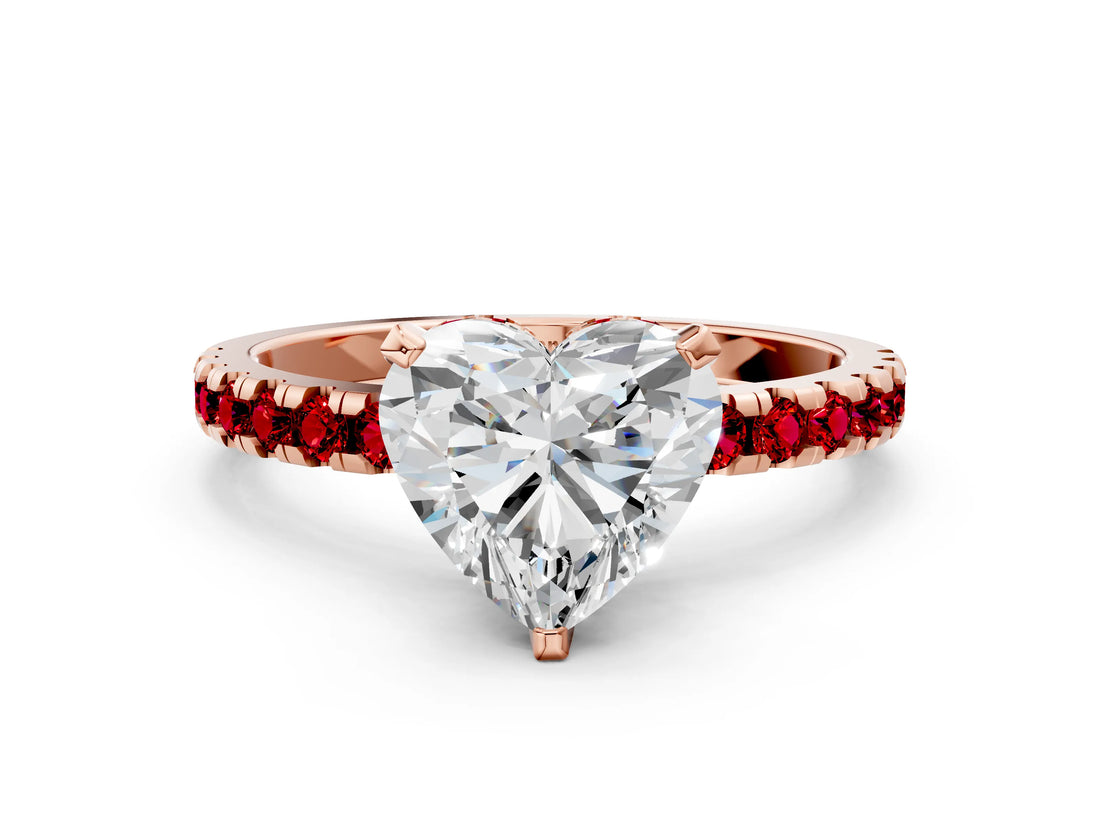 Rose gold Heart Cut Diamond Solitaire Ring with Round with Ruby side stone Pavé Band and Four-Prong Setting_36
