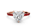 Rose gold Heart Cut Diamond Solitaire Ring with Round with Ruby side stone Pavé Band and Prong Setting_36