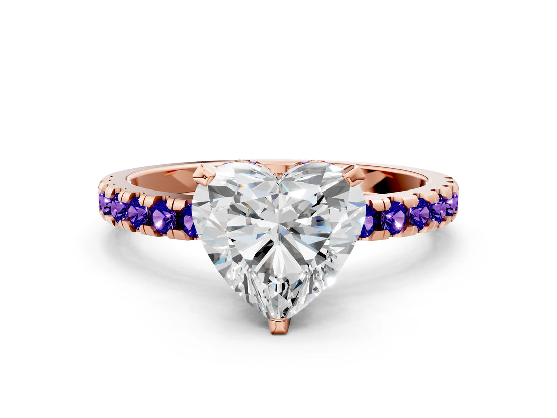 Rose gold Heart Cut Diamond Solitaire Ring with Round with Tanzanite side stone Pavé Band and Four-Prong Setting_36