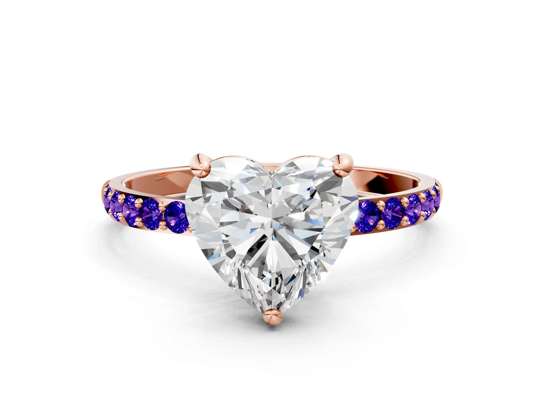 Rose gold Heart Cut Diamond Solitaire Ring with Round with Tanzanite side stone Pavé Band and Prong Setting_12