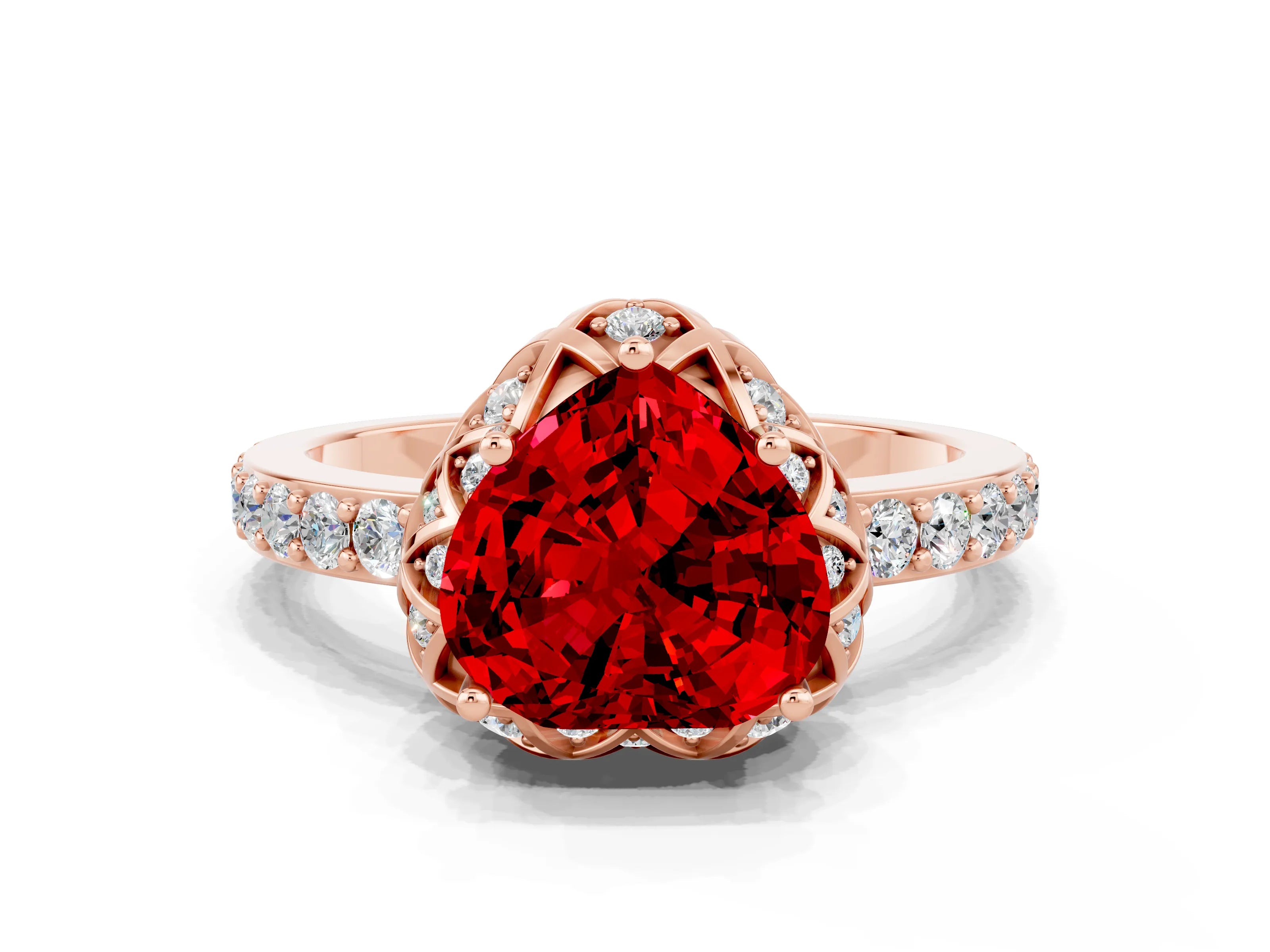 Rose gold Heart Cut Diamond Solitaire Ring with Shared Prong Pavé Band