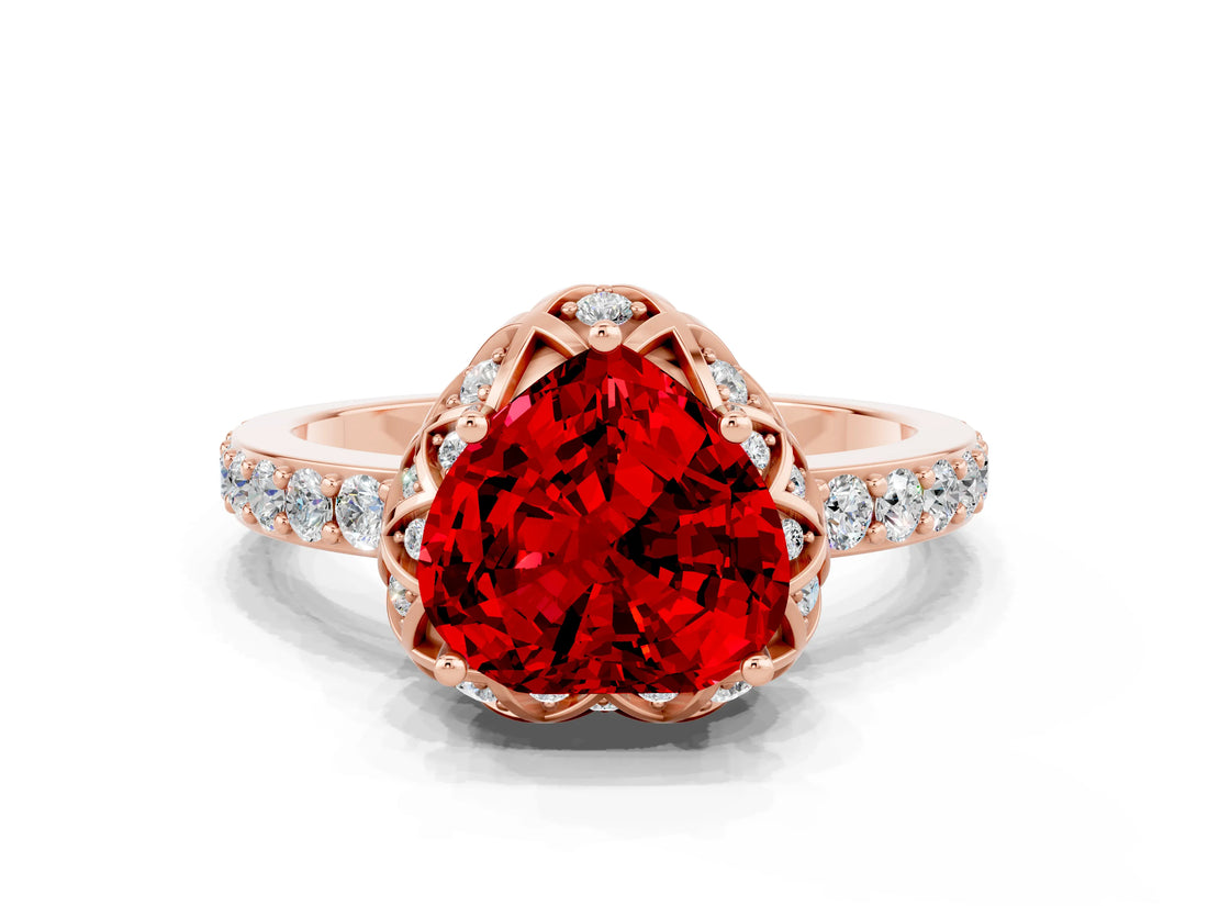 Rose gold Heart Cut Diamond Solitaire Ring with Shared Prong Pavé Band