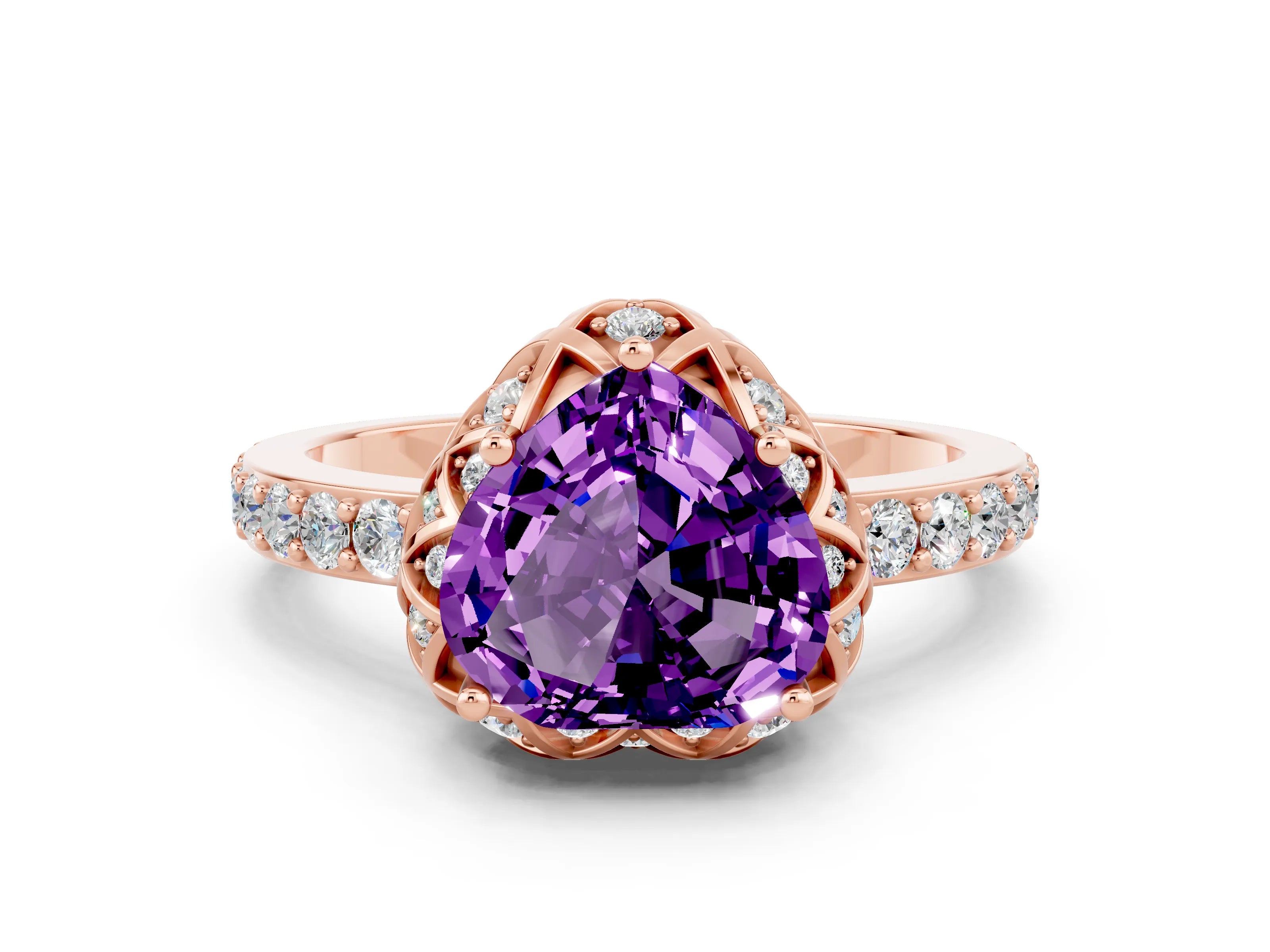 Rose gold Heart Cut Diamond Solitaire Ring with Shared Prong Pavé Band