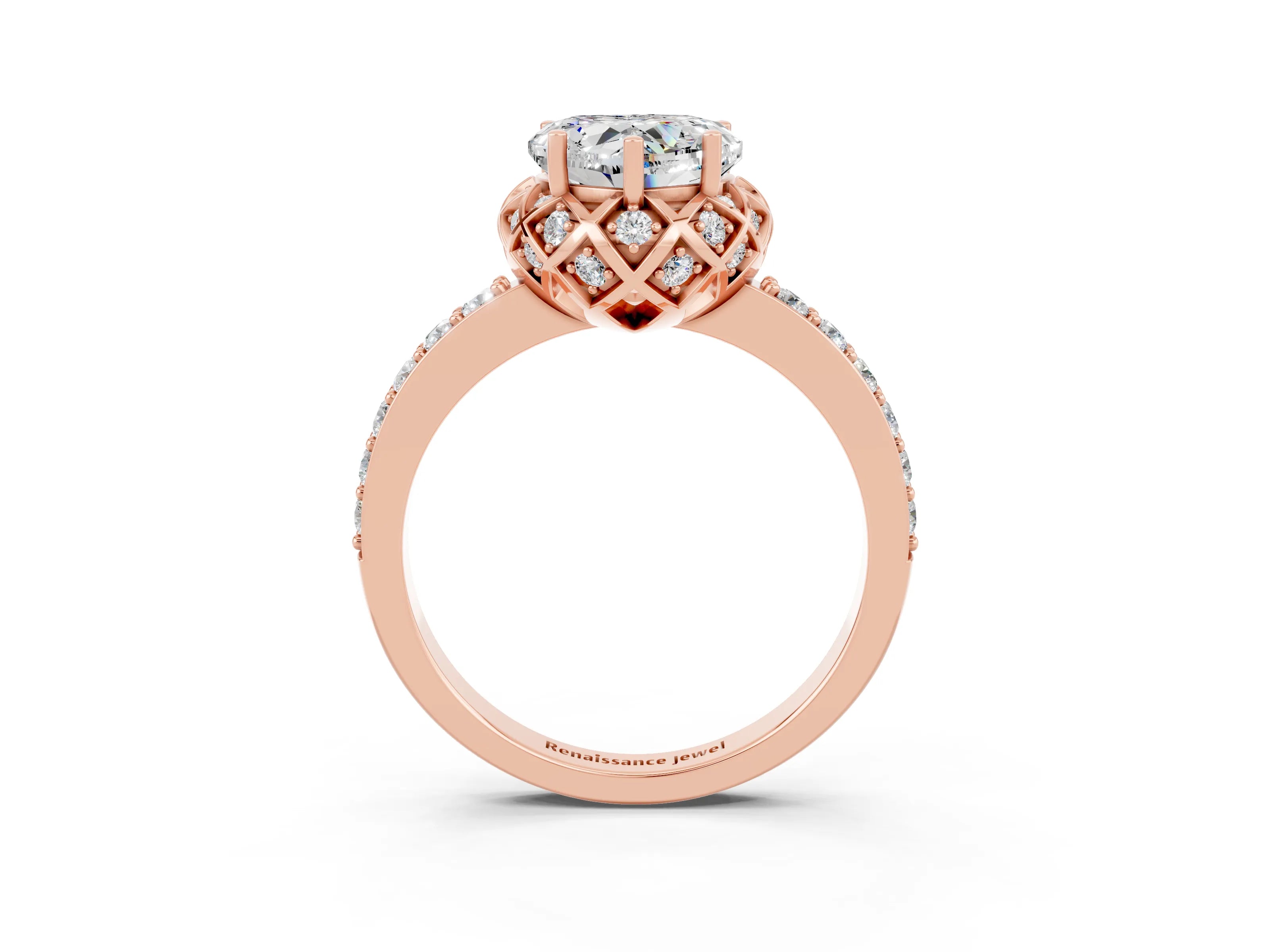 Rose gold Heart Cut Diamond Solitaire Ring with Shared Prong Pavé Band_3