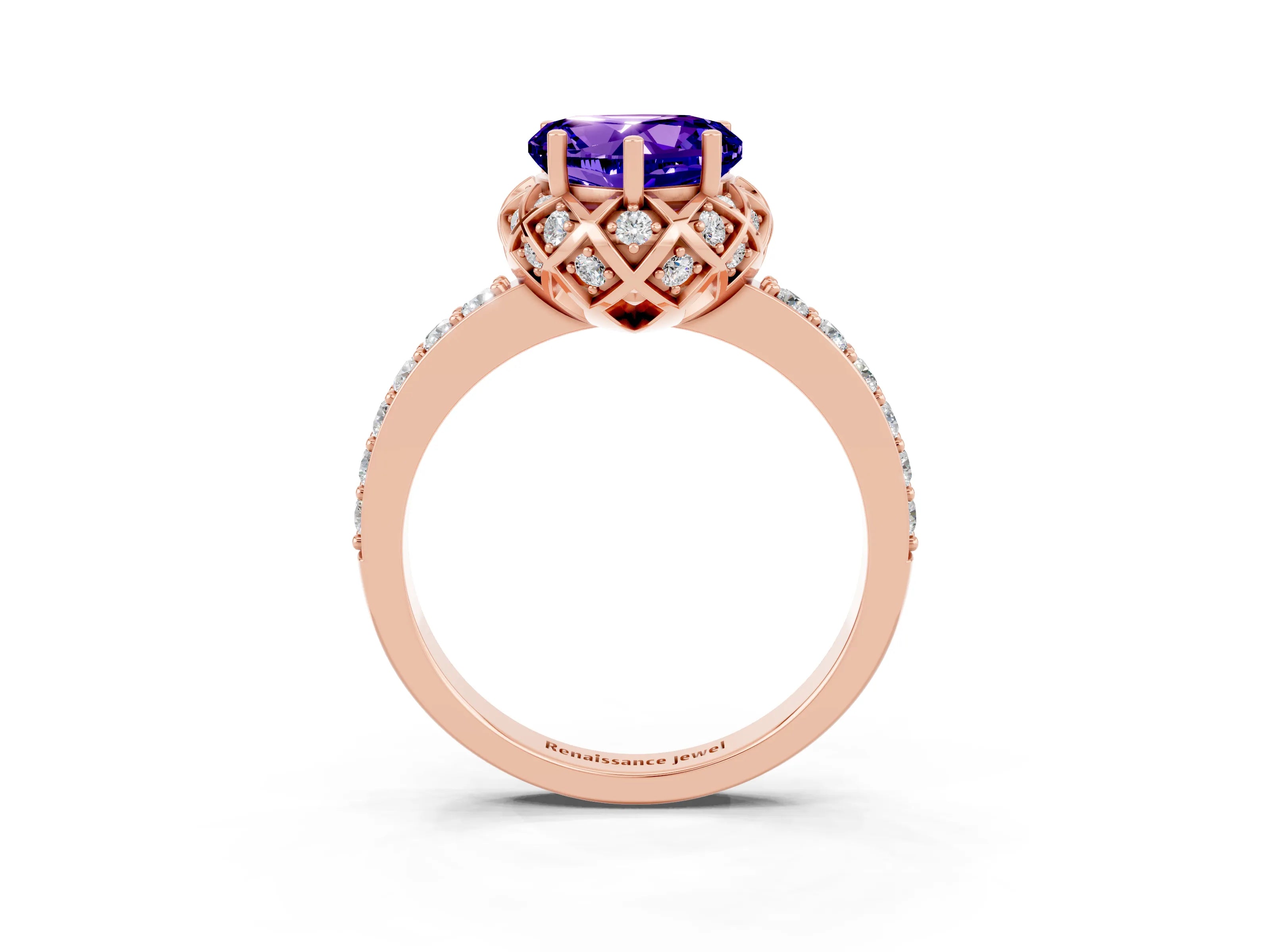 Rose gold Heart Cut Diamond Solitaire Ring with Shared Prong Pavé Band_3